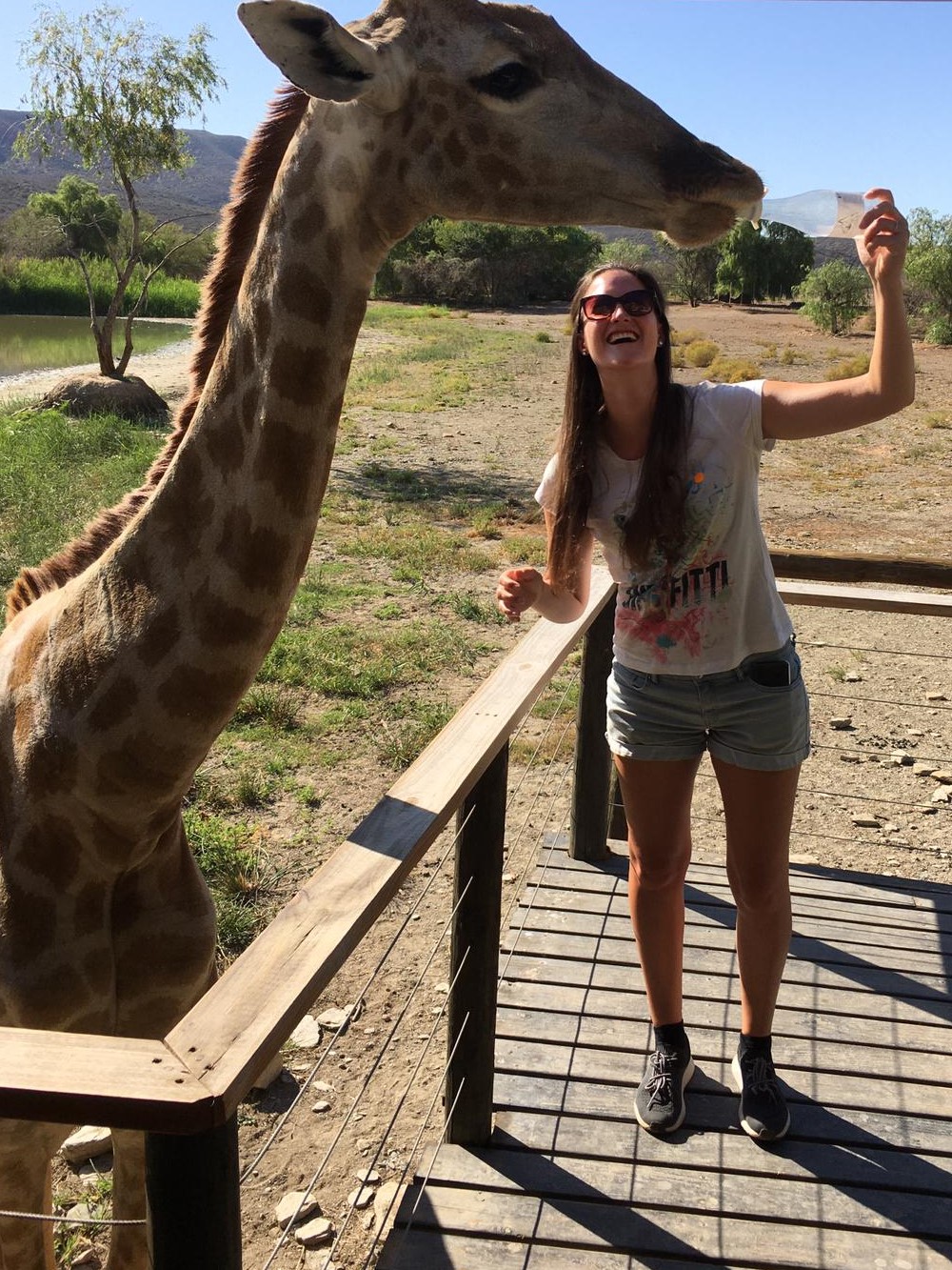 Caro Harsch mit einer Giraffe in Südafrika